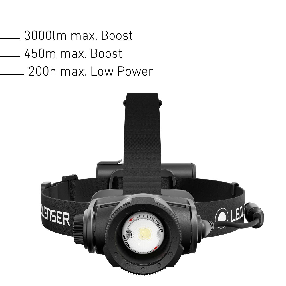 Front of the Ledlenser H15R head torch with 3000 lumen Boost, 450m beam and 200 hours on Low Power