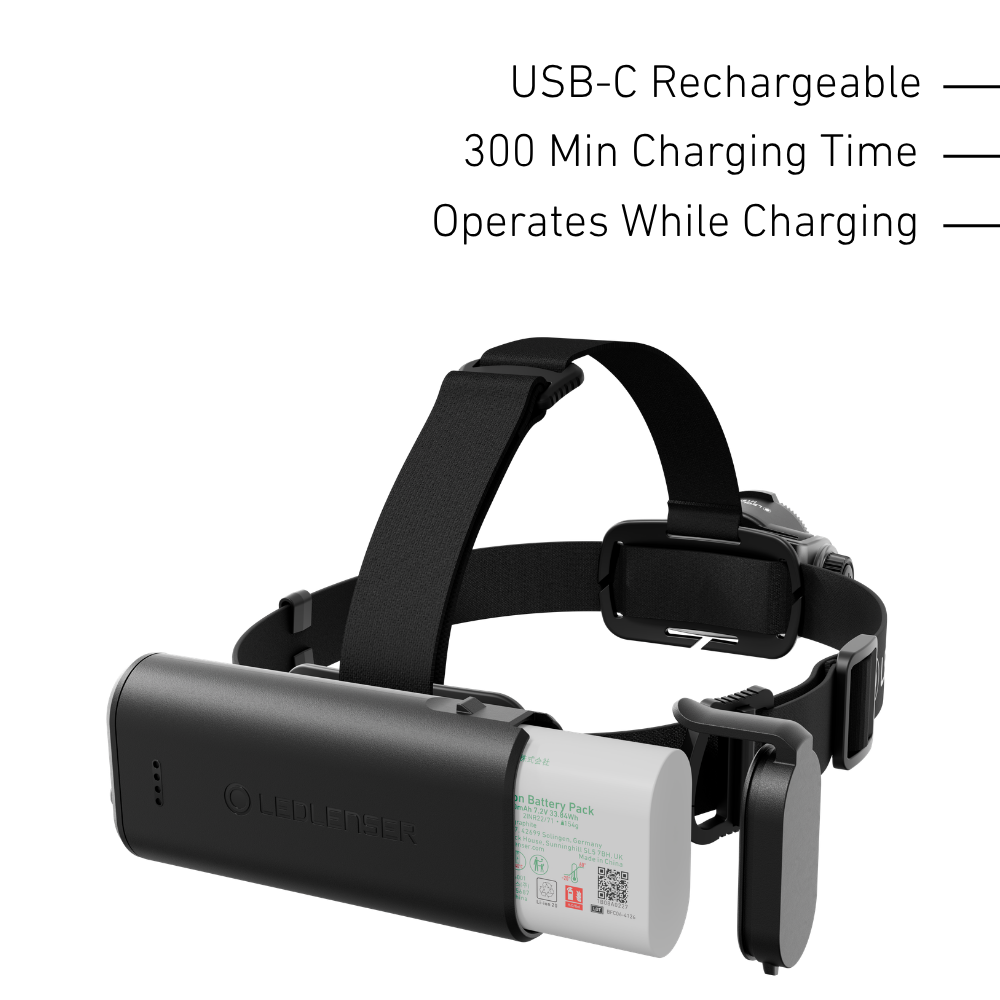 Ledlenser H15R rear battery pack open with its twin 21700 cell pack, USB-C, 300 minute charge time