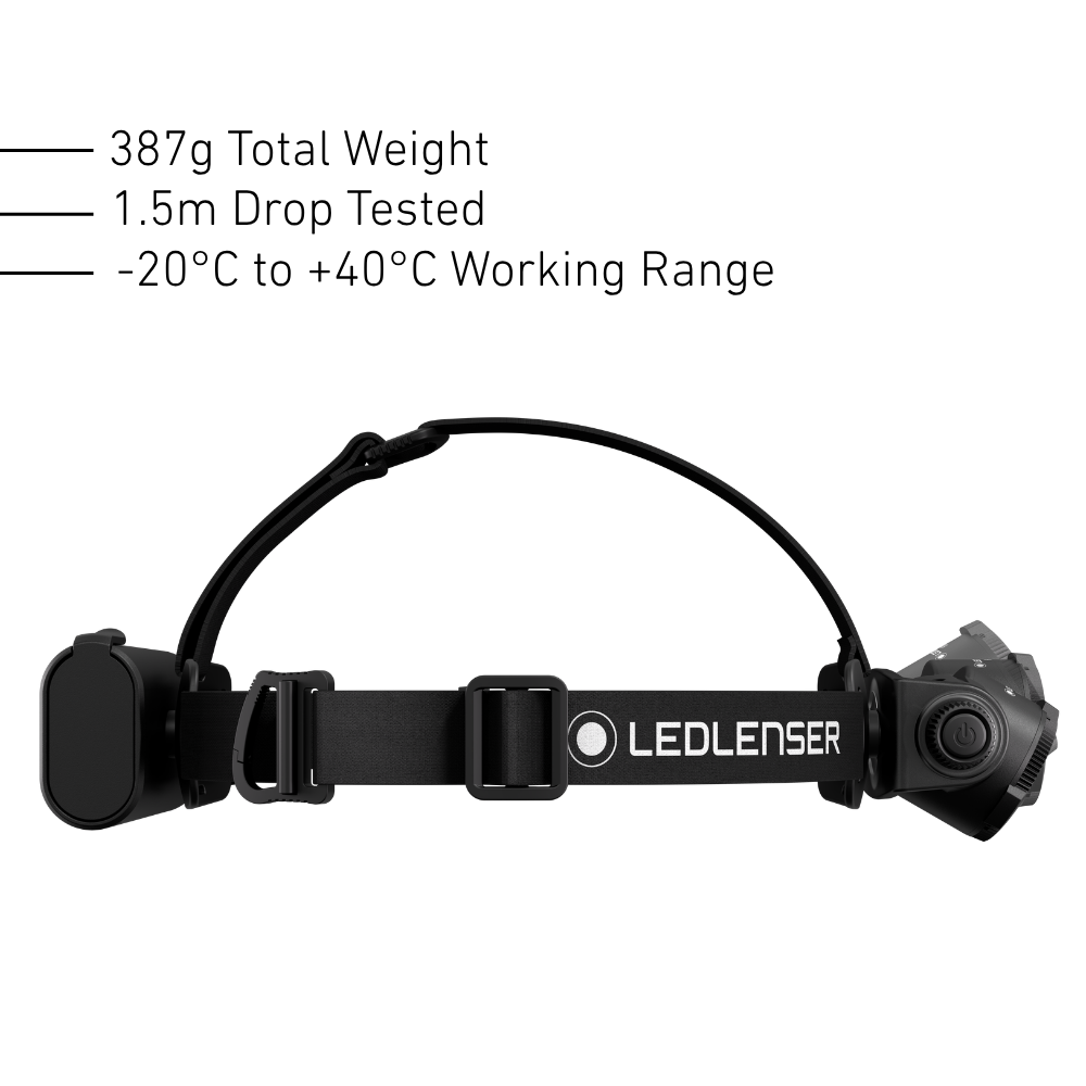 Side view of the Ledlenser H15R headband and top strap, 387g, 1.5m drop tested, -20 to +40C working range