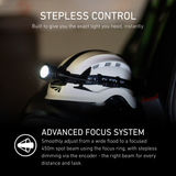 Ledlenser head torch fitted to a white climbing helmet, explaining the Advanced Focus System and 450m spot