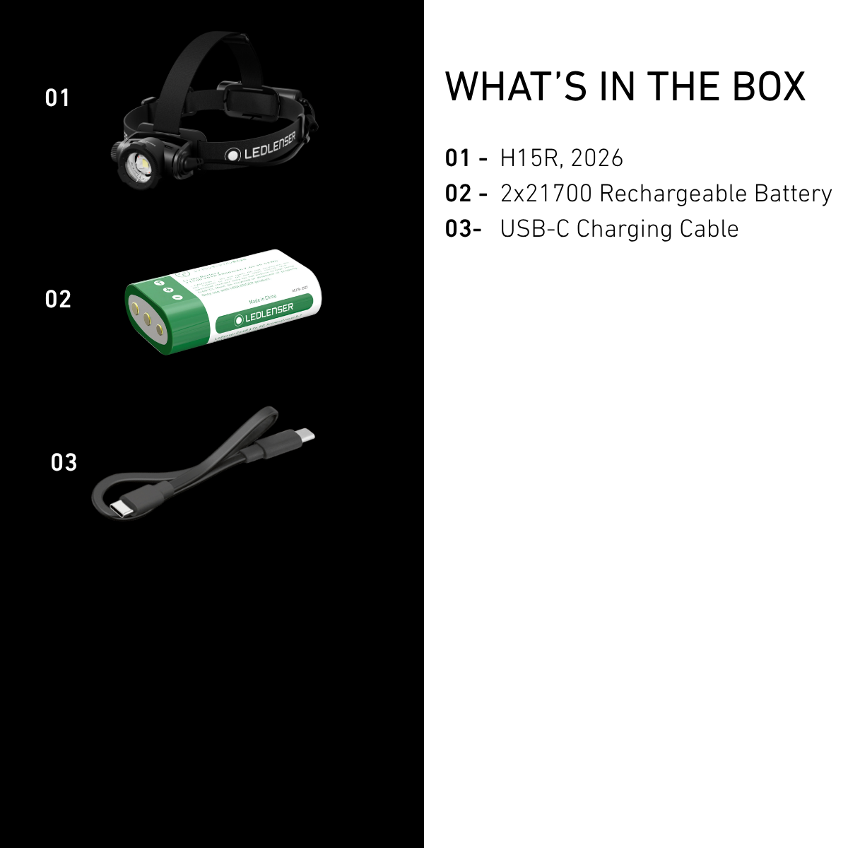 Ledlenser H15R box contents: head torch, 2 x 21700 rechargeable battery pack and USB-C charging cable