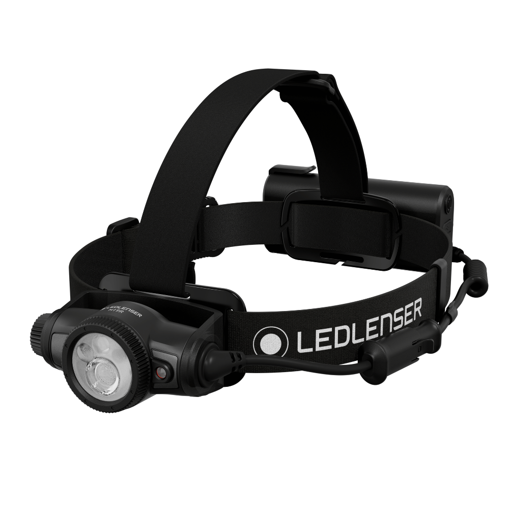 Ledlenser H19R head torch in black with digital focus ring lamp head, top strap and rear battery pack