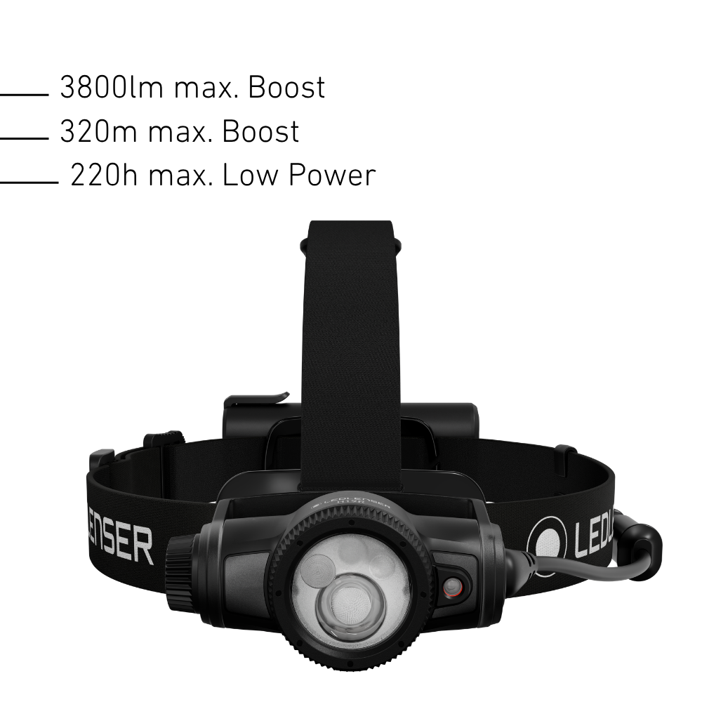 Front of the Ledlenser H19R head torch with 3800 lumen Boost, 320m beam and 220 hours on Low Power