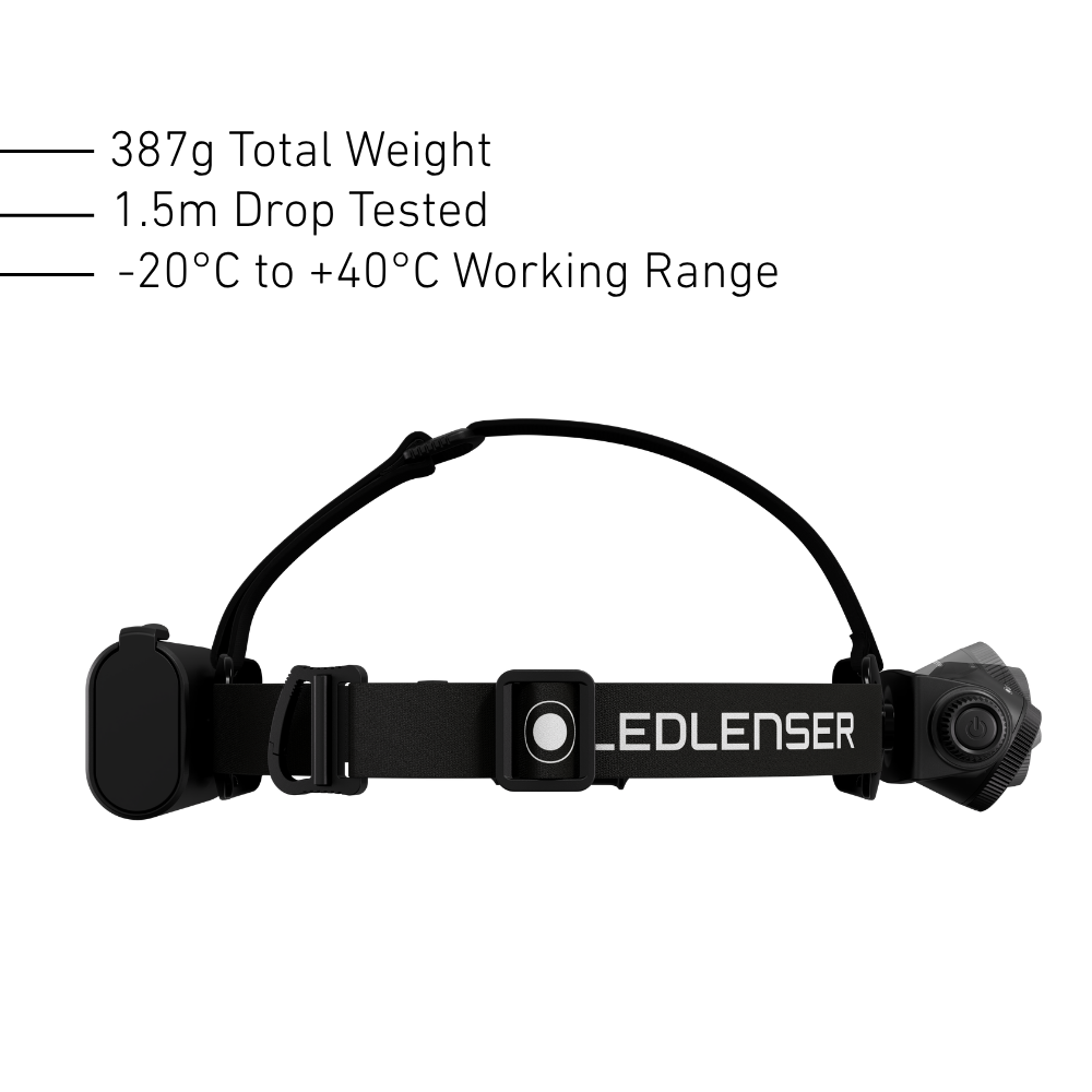 Side view of the Ledlenser H19R headband and top strap, 387g, 1.5m drop tested, -20 to +40C working range