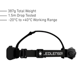 Side view of the Ledlenser H19R headband and top strap, 387g, 1.5m drop tested, -20 to +40C working range