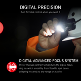 Hand turning the digital focus ring of a lit Ledlenser head torch, explaining the Digital Advanced Focus System