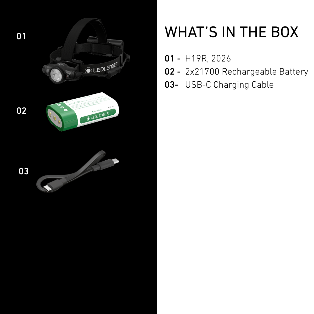 Ledlenser H19R box contents: head torch, 2 x 21700 rechargeable battery pack and USB-C charging cable