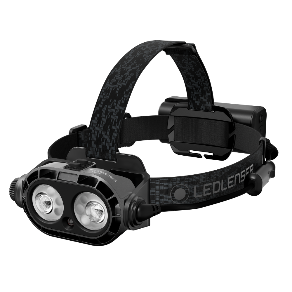 Ledlenser H21R head torch with twin lamp optics, grey patterned headband, top strap and rear battery pack