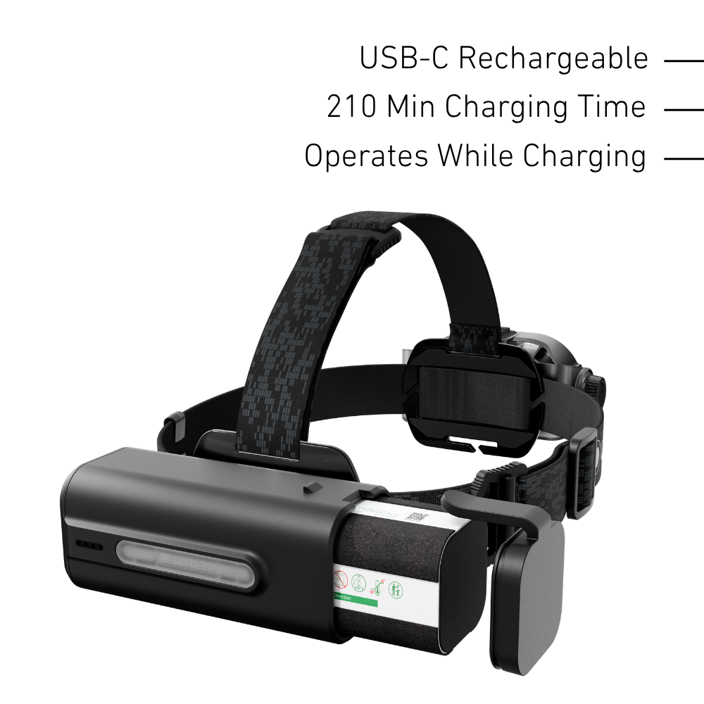Ledlenser H21R rear battery pack with its 18650 cell pack, USB-C, 210 minute charge, works while charging