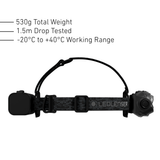 Side view of the Ledlenser H21R headband and top strap, 530g, 1.5m drop tested, -20 to +40C working range