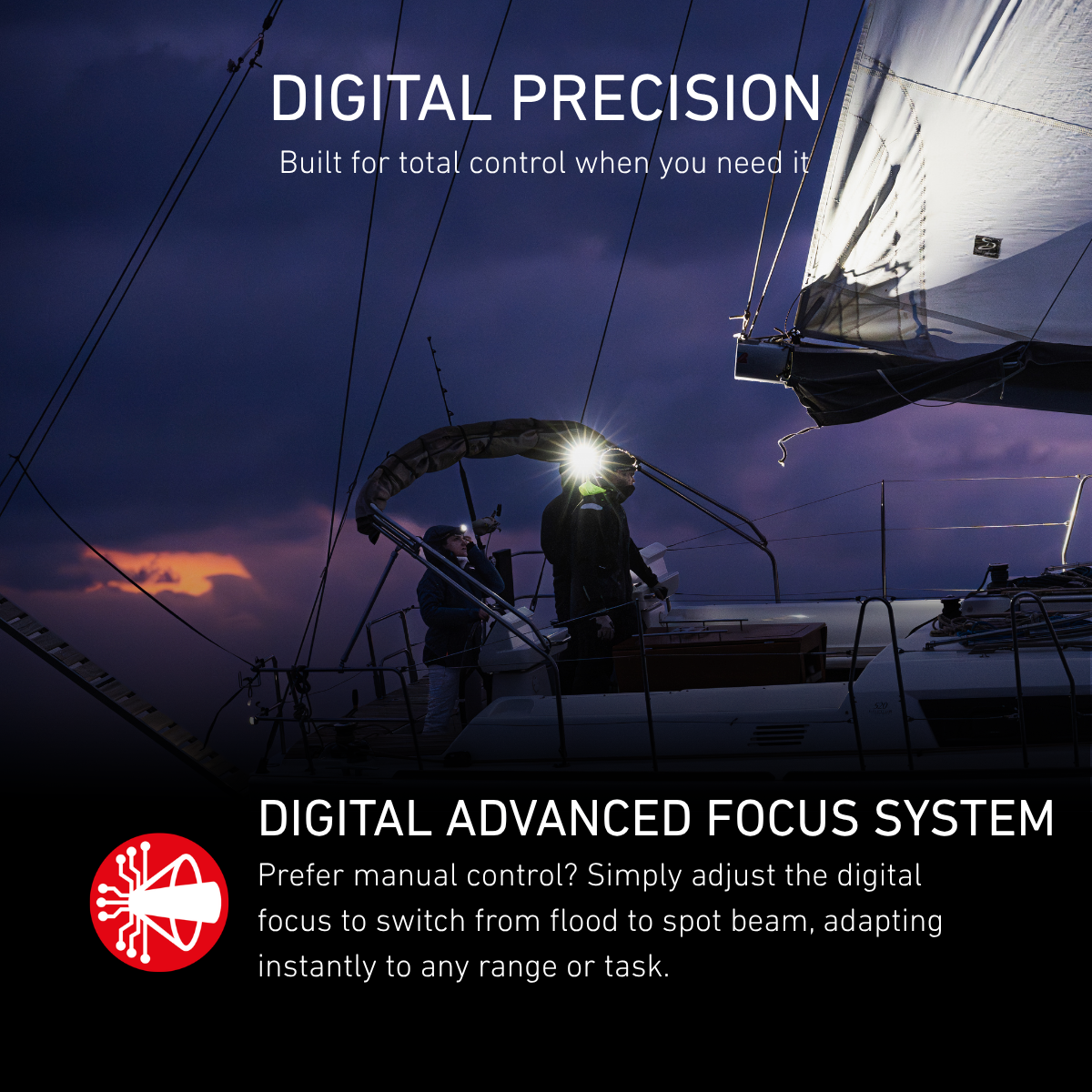 Sailors on a yacht at dusk under a head torch beam, explaining the Digital Advanced Focus System