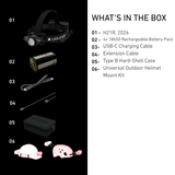 Ledlenser H21R box contents: head torch, 4 x 18650 pack, USB-C cable, extension cable, hard case, helmet mount kit