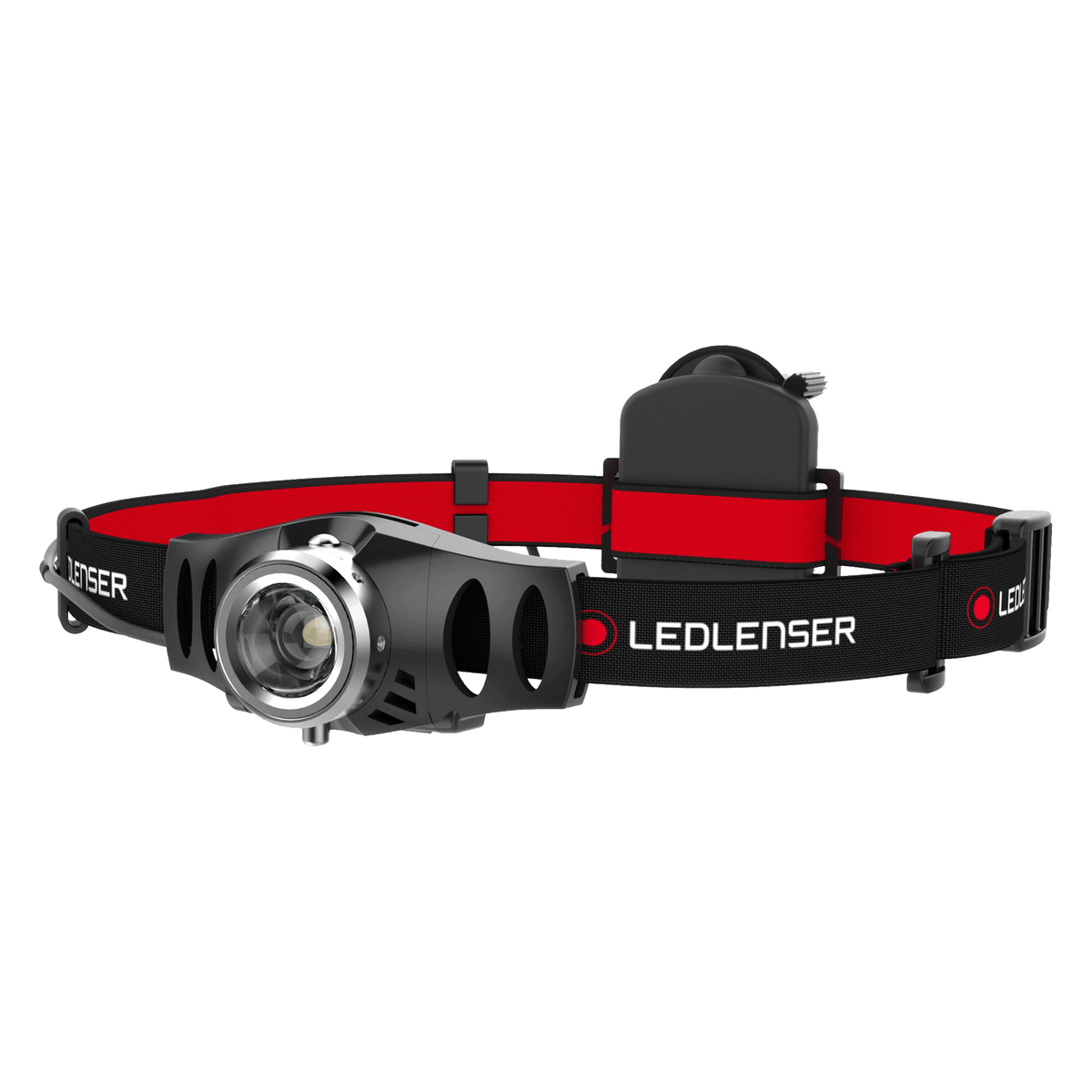 Ledlenser H3.2 head torch with focusing lamp head, rear battery box and black and red Ledlenser headband