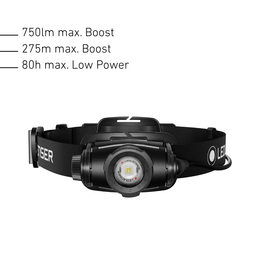 Front of the Ledlenser H5R head torch with 750 lumen Boost, 275m beam and 80 hours on Low Power