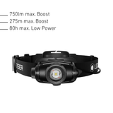 Front of the Ledlenser H5R head torch with 750 lumen Boost, 275m beam and 80 hours on Low Power