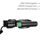 Ledlenser H5R rear battery pack open with its 18650 cell, USB-C rechargeable with 300 minute charge time