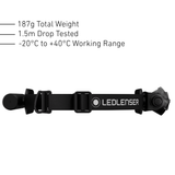Side view of the Ledlenser H5R headband, 187g, 1.5m drop tested, -20 to +40C working range