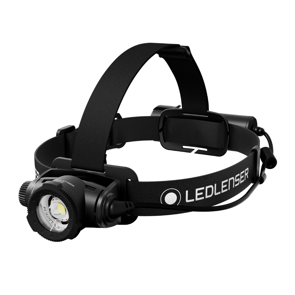 Ledlenser H7R head torch in black with focus ring lamp head, main headband and over-the-head strap