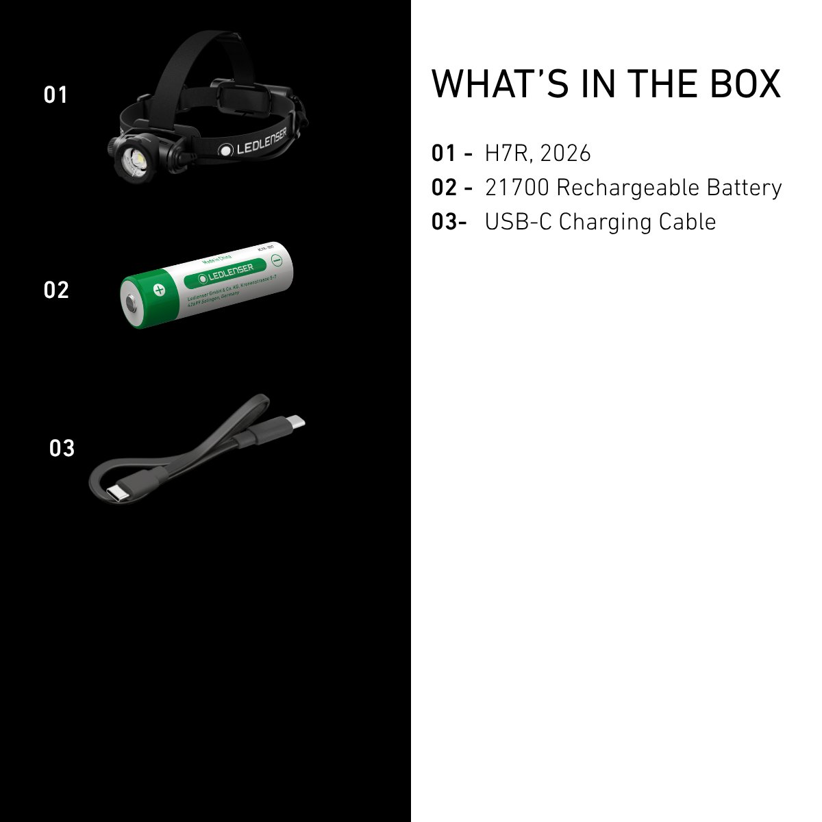 Ledlenser H7R box contents: head torch, 21700 rechargeable battery and USB-C charging cable