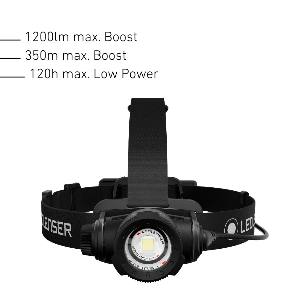 Front of the Ledlenser H7R head torch with 1200 lumen Boost, 350m beam and 120 hours on Low Power
