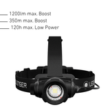 Front of the Ledlenser H7R head torch with 1200 lumen Boost, 350m beam and 120 hours on Low Power