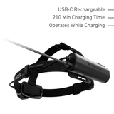 Ledlenser H7R rear battery pack charging by USB-C cable, 210 minute charge time and works while charging
