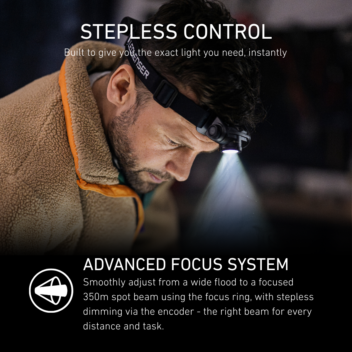 Man in a fleece working under a Ledlenser head torch focused down, explaining the Advanced Focus System