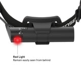 Ledlenser H8R rear battery box with the red rear light lit and the lock slider
