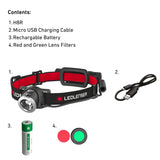 Ledlenser H8R box contents: head torch, Micro-USB charging cable, rechargeable battery, red and green lens filters