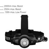 Front of the Ledlenser H9R head torch, with a 250m beam and 100 hours on Low Power