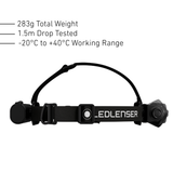 Side view of the Ledlenser H9R headband and top strap, 283g, 1.5m drop tested, -20 to +40C working range