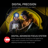 Two campers in a tent wearing Ledlenser head torches, explaining the Digital Advanced Focus System