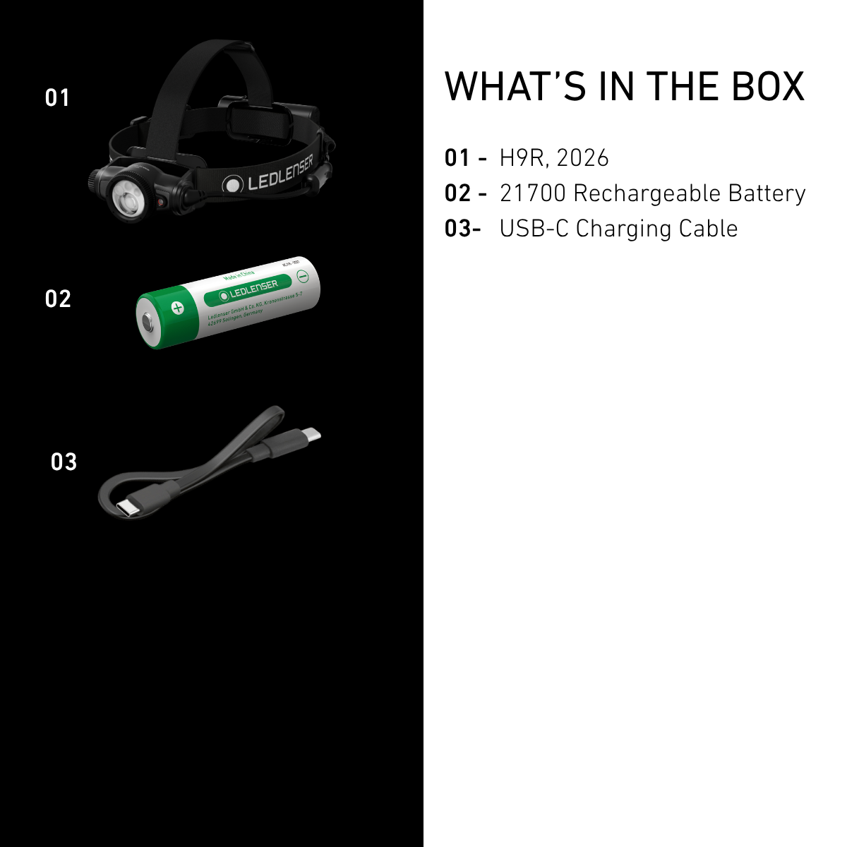 Ledlenser H9R box contents: head torch, 21700 rechargeable battery and USB-C charging cable