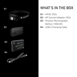 Ledlenser HF4R box contents: head torch, HF Connect Adapter, 1350mAh battery and USB-C cable