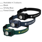 Ledlenser HF4R in its three colours: Black, Smoky Blue and Forest Green