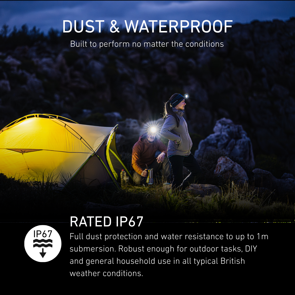 Two campers outside a lit tent at dusk wearing Ledlenser head torches, rated IP67