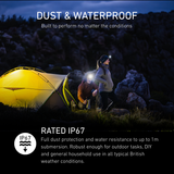 Two campers outside a lit tent at dusk wearing Ledlenser head torches, rated IP67