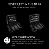 Ledlenser HF4R Dual Power: battery compartment shown with the rechargeable pack and with AAA batteries