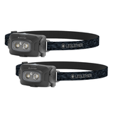 Two Ledlenser HF4R CORE head torches in black with grey patterned headbands