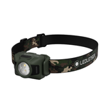 Ledlenser HF4R RGB head torch with olive green housing and woodland camo headband