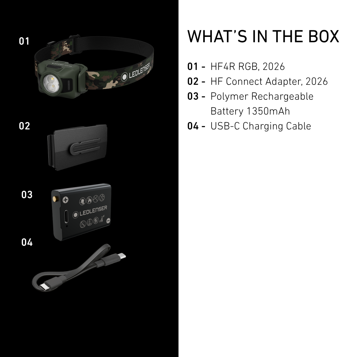 Ledlenser HF4R RGB box contents: head torch, HF Connect Adapter, 1350mAh battery and USB-C cable