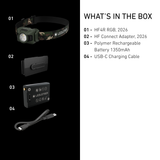 Ledlenser HF4R RGB box contents: head torch, HF Connect Adapter, 1350mAh battery and USB-C cable