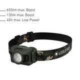 Ledlenser HF4R RGB camo head torch with output figures: 650 lumens, 130m beam, 45 hours on Low Power