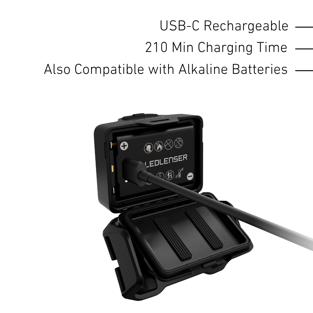 Ledlenser head torch rechargeable battery charging by USB-C cable, 210 minute charging time