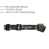 Side view of the Ledlenser HF4R RGB camo headband and tilting lamp head, 92g and 1.5m drop tested