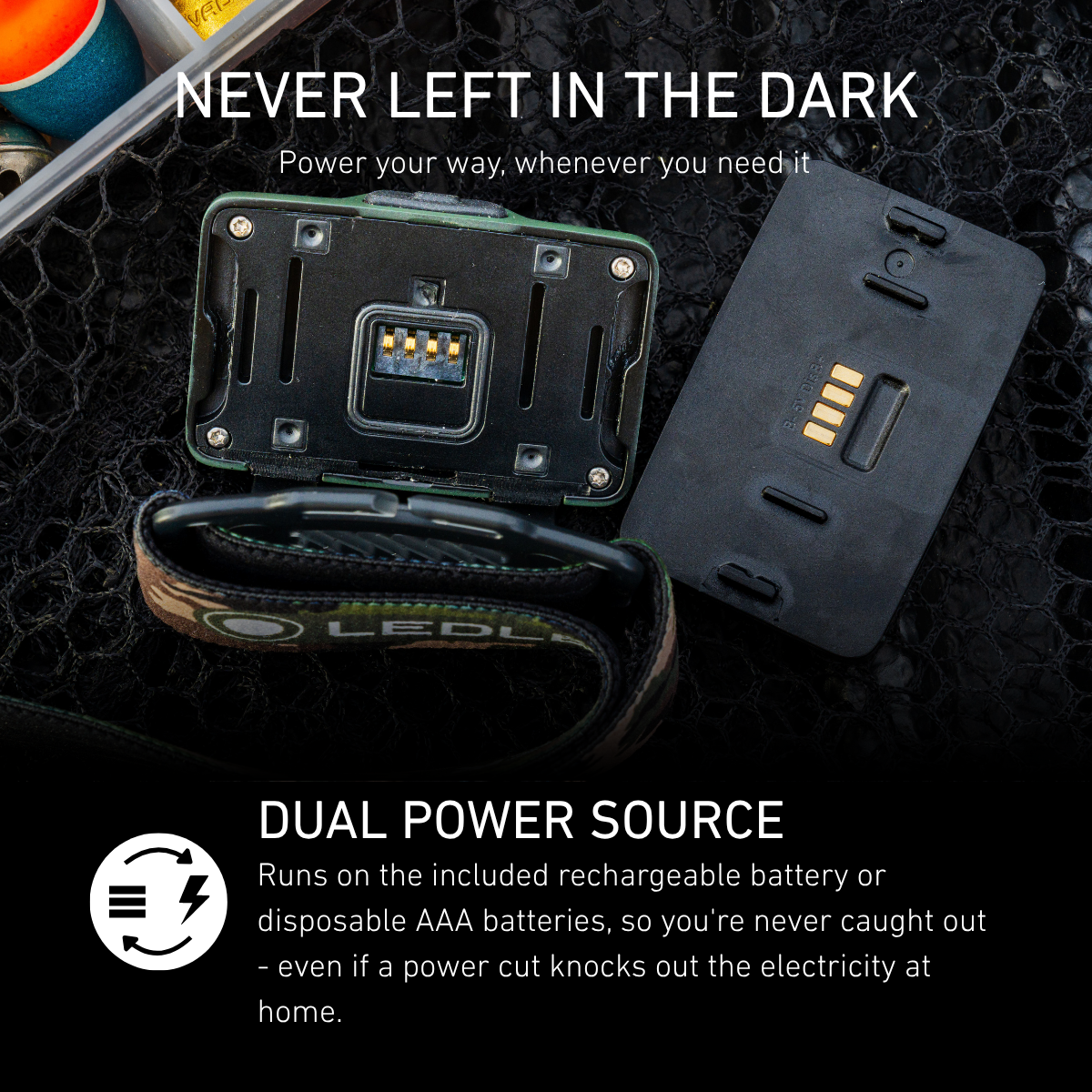 Rear of the Ledlenser HF4R RGB with the battery removed, showing the Dual Power Source contacts