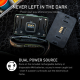 Rear of the Ledlenser HF4R RGB with the battery removed, showing the Dual Power Source contacts