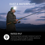 Angler fishing at dusk wearing a Ledlenser head torch, with IP67 dust and waterproof rating