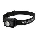 Ledlenser HF4 head torch in black with spot and flood LEDs on a black Ledlenser headband