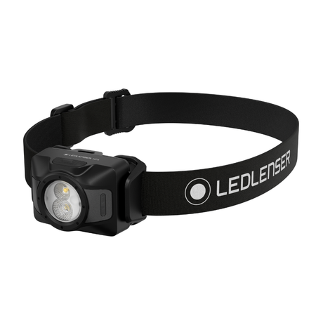 Ledlenser HF4 head torch in black with spot and flood LEDs on a black Ledlenser headband